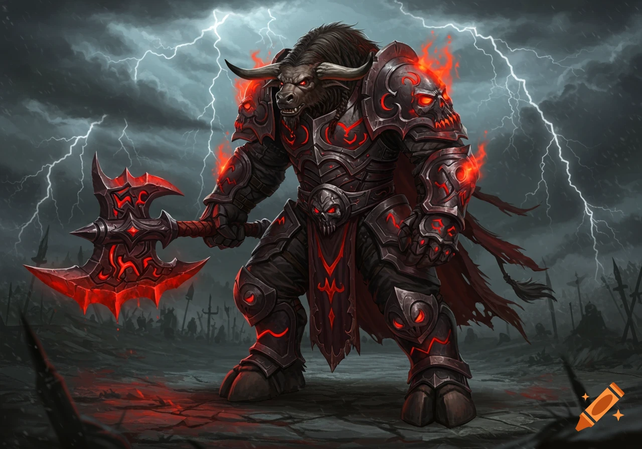 A fierce bull-like fantasy warrior in dark, glowing red gothic armor holds a spiked axe on a stormy, lightning-filled battlefield.