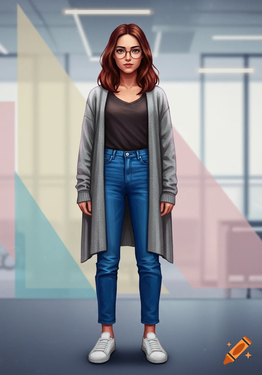 An illustrated woman with chestnut hair and glasses, wearing a grey cardigan, black t-shirt, blue jeans, and white sneakers, standing in an office.