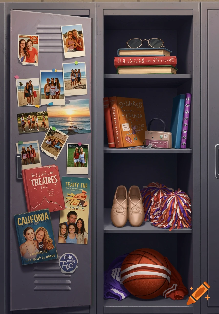An illustration of a girl's open school locker with photos of friends on the door, books, dance shoes, cheerleading pom-poms, and a basketball inside.