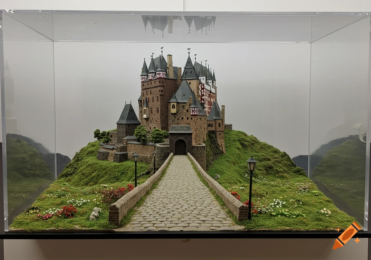 Detailed miniature model of a medieval castle on a green hill with a path, inside a plexiglass case.