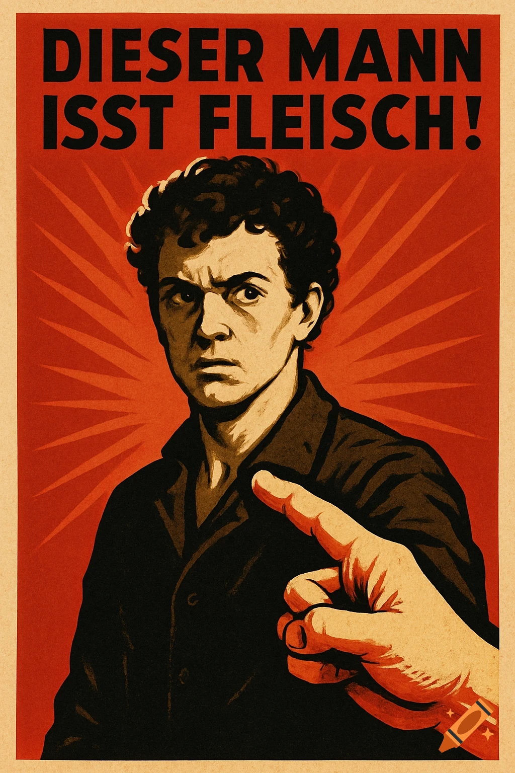 Propaganda-style poster of a stern curly-haired man being pointed at by a large hand, with German text.