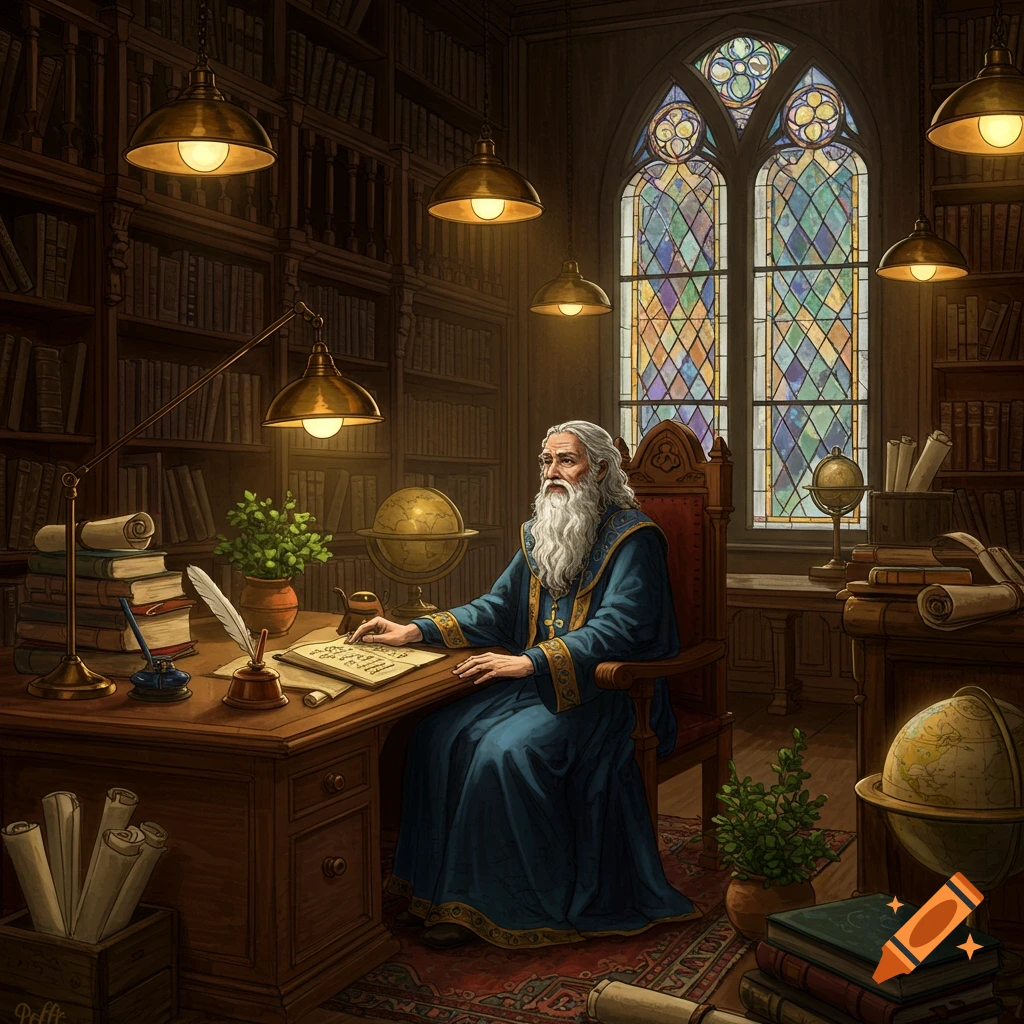 An old man with a long white beard in a blue robe sits at a wooden desk, writing with a quill in a grand library with stained-glass windows.