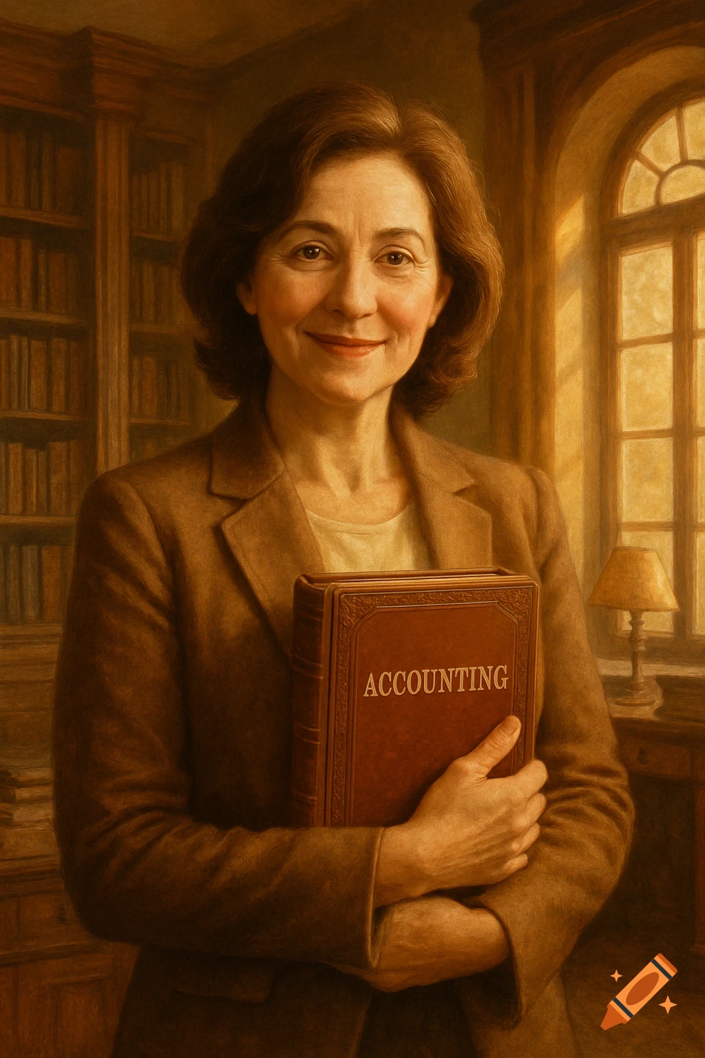 A smiling middle-aged woman holds an 'ACCOUNTING' book in a richly textured portrait within a library setting.
