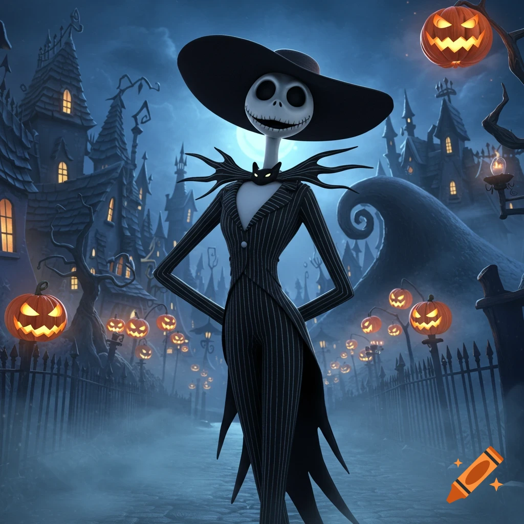A girl version of Jack Skellington wearing a wide-brimmed hat and pinstripe suit stands in a foggy Halloween town street lined with glowing jack-o'-lanterns and spooky houses.