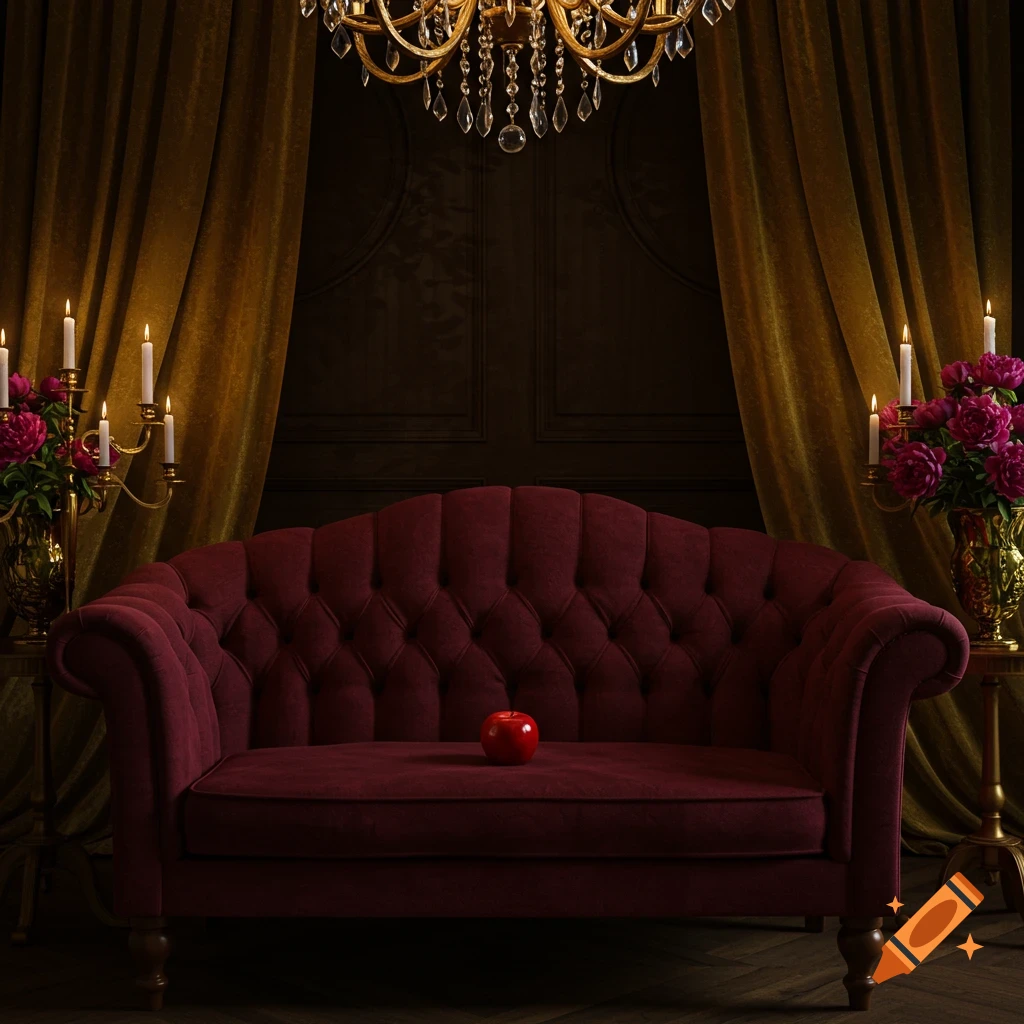 A red tufted sofa sits in a dimly lit luxurious room with golden curtains, a chandelier, and lit candelabras. A single red apple rests on the sofa.