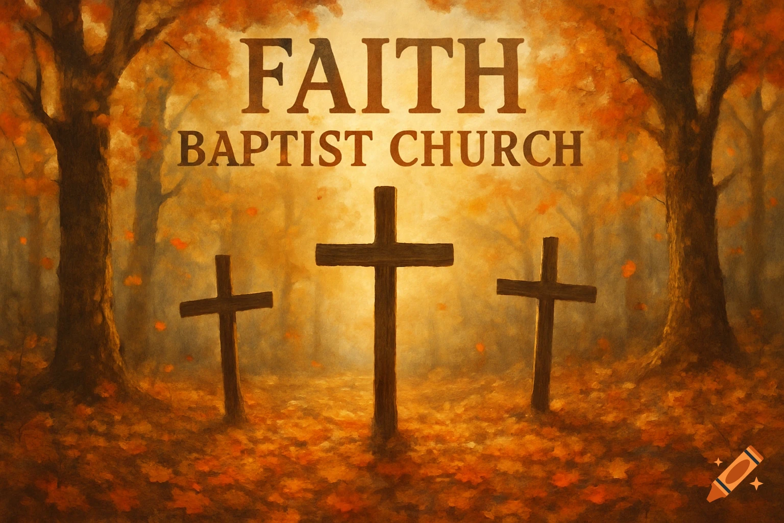 Three wooden crosses stand in a warm, light-filled autumnal forest with orange leaves and trees, with "FAITH BAPTIST CHURCH" text above.