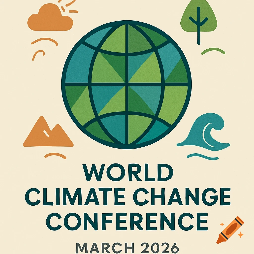 Flat design poster for World Climate Change Conference 2026, featuring a globe surrounded by sun, clouds, mountains, a tree, and a wave.