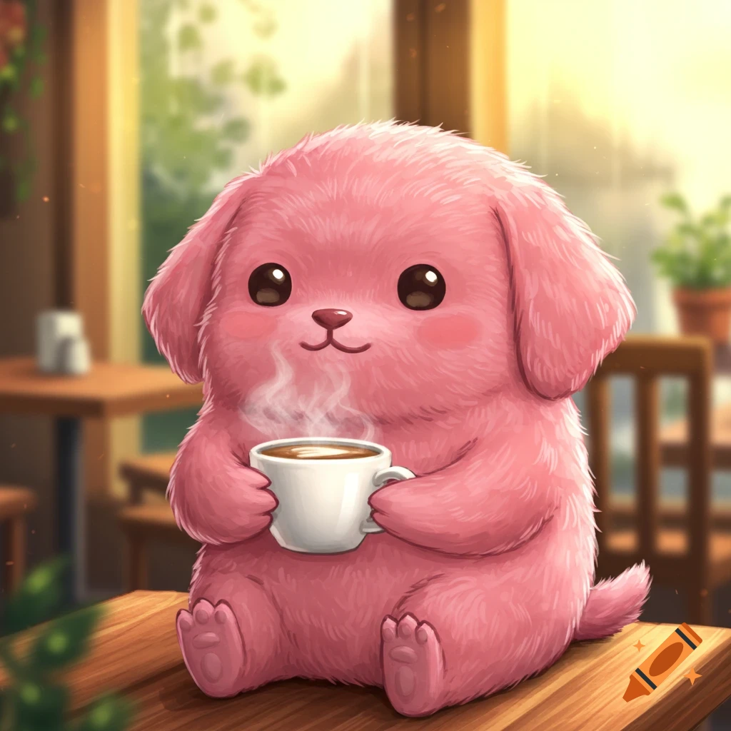 A fluffy pink puppy-like creature holds a steaming coffee cup while sitting on a wooden table in a cute cartoon illustration.