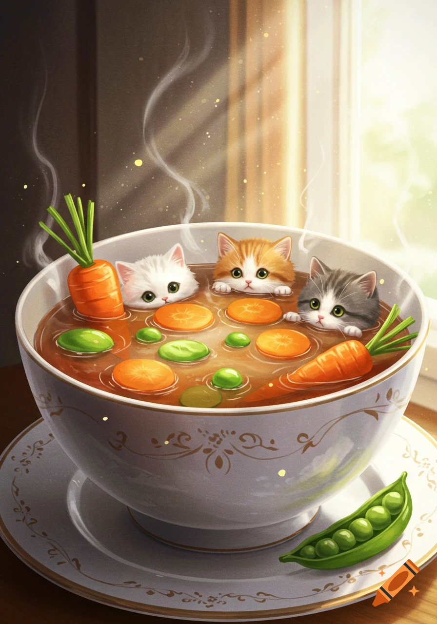 Three cute kittens peer out of a steaming bowl of vegetable soup with carrots and peas, in an illustrative style.