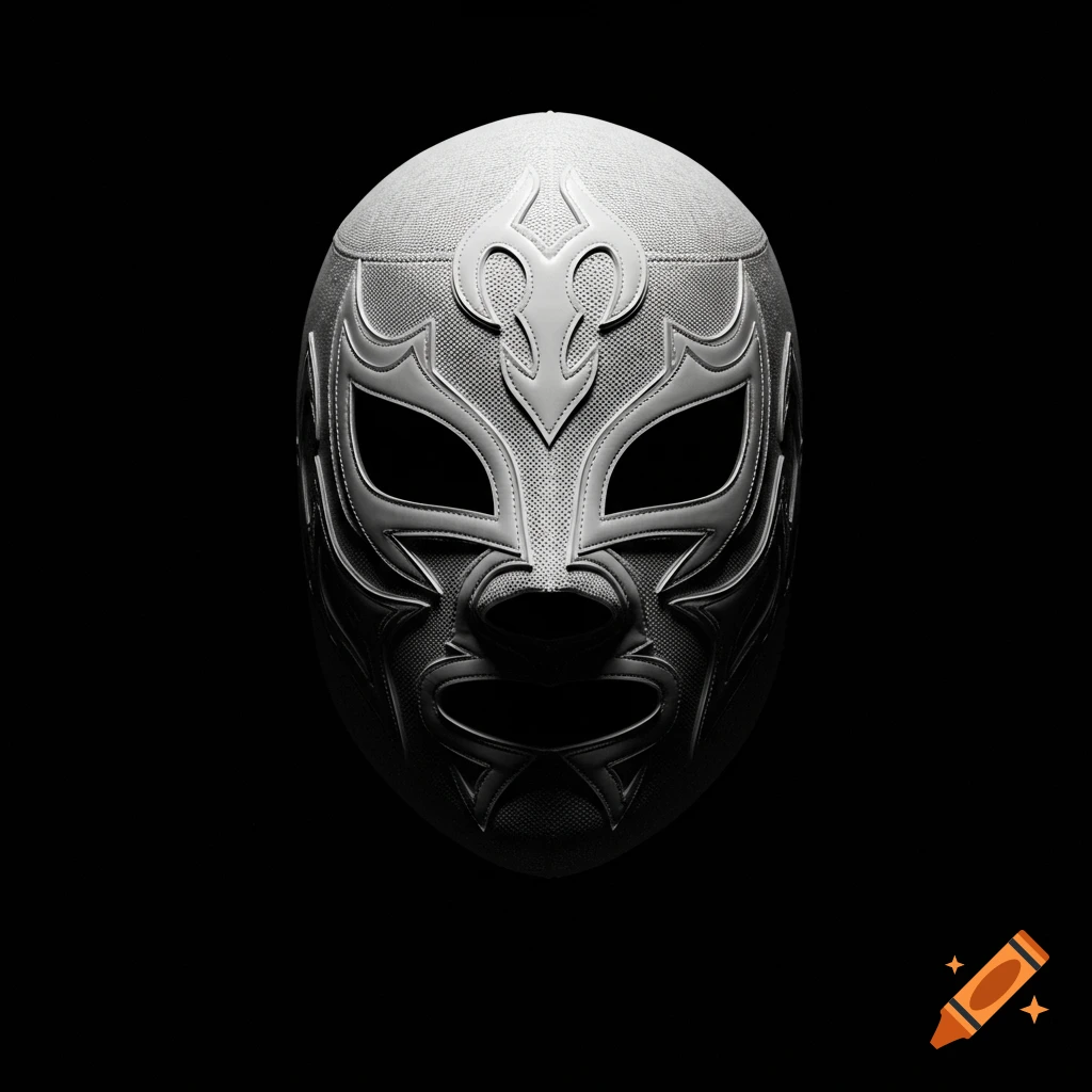 A white luchador wrestling mask with ornate details, sharply lit against a black background.