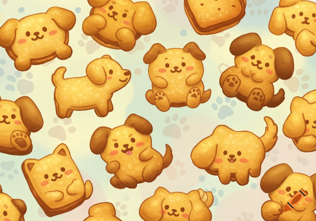Seamless pattern of various cute cartoon dog-shaped crackers with paw prints in the background.