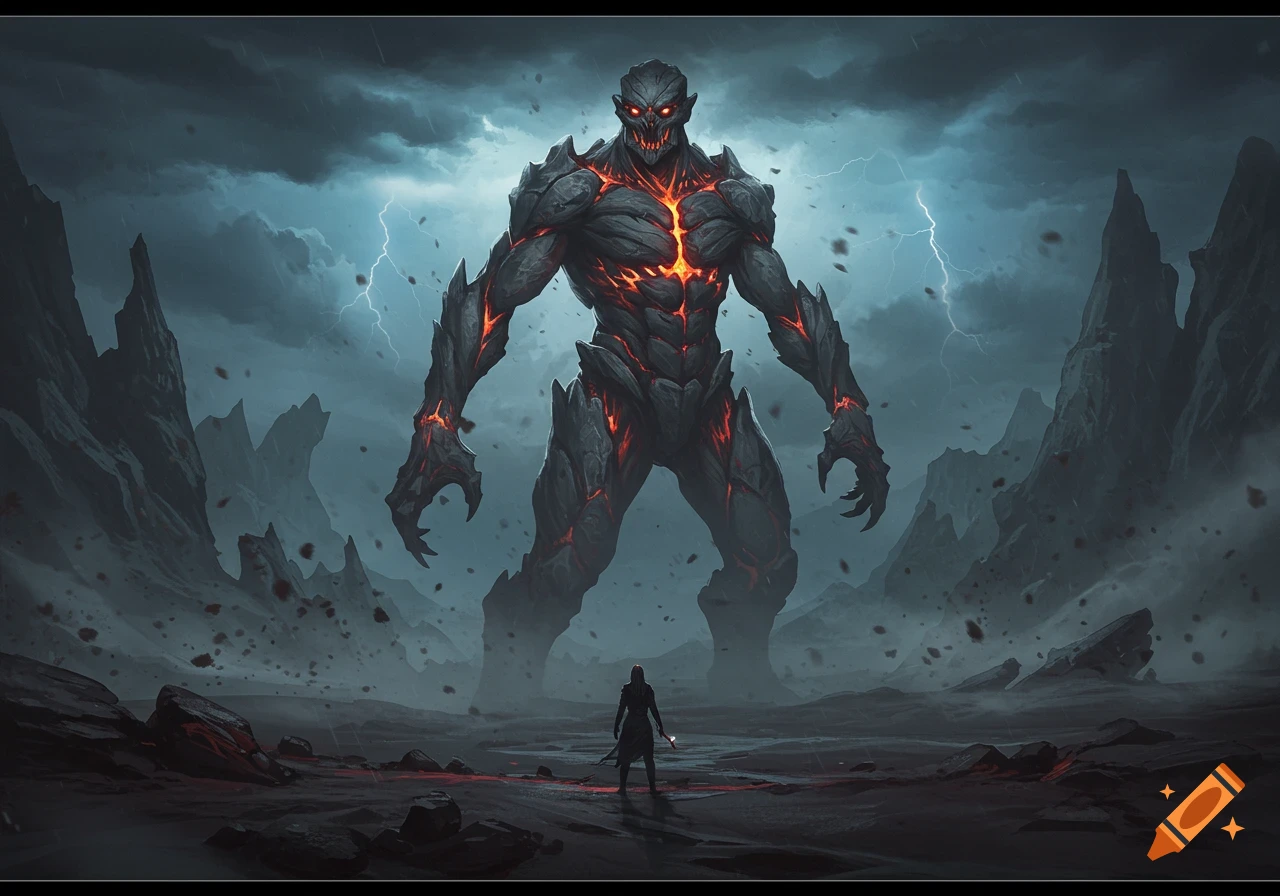 A small figure stands before a towering, glowing lava monster in a dark, stormy, rocky landscape with lightning.