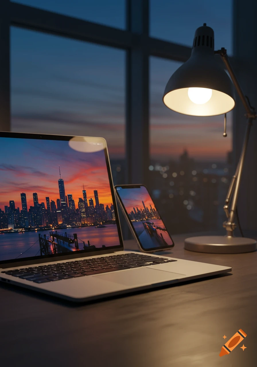 Laptop and iPhone on a desk at sunset, showing a city skyline on screens and outside a window, with a lit desk lamp.