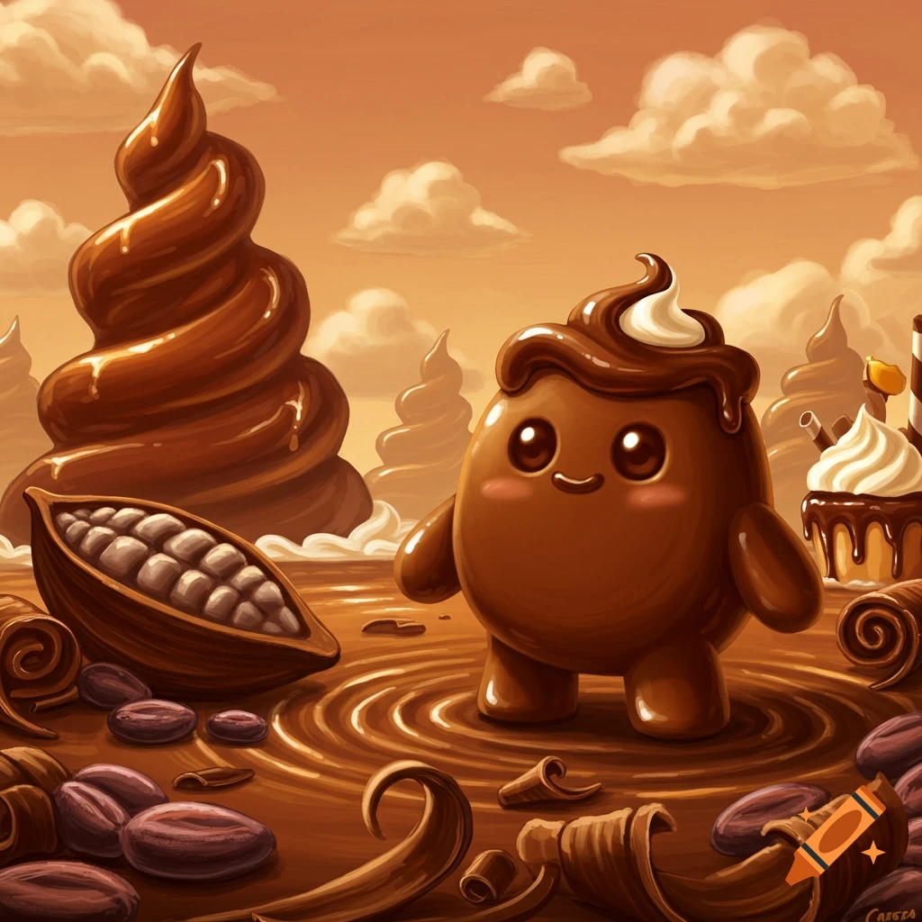 A cute, smiling chocolate character stands in a chocolate pool, surrounded by chocolate swirls, cocoa beans, a large chocolate mountain, and a cupcake.