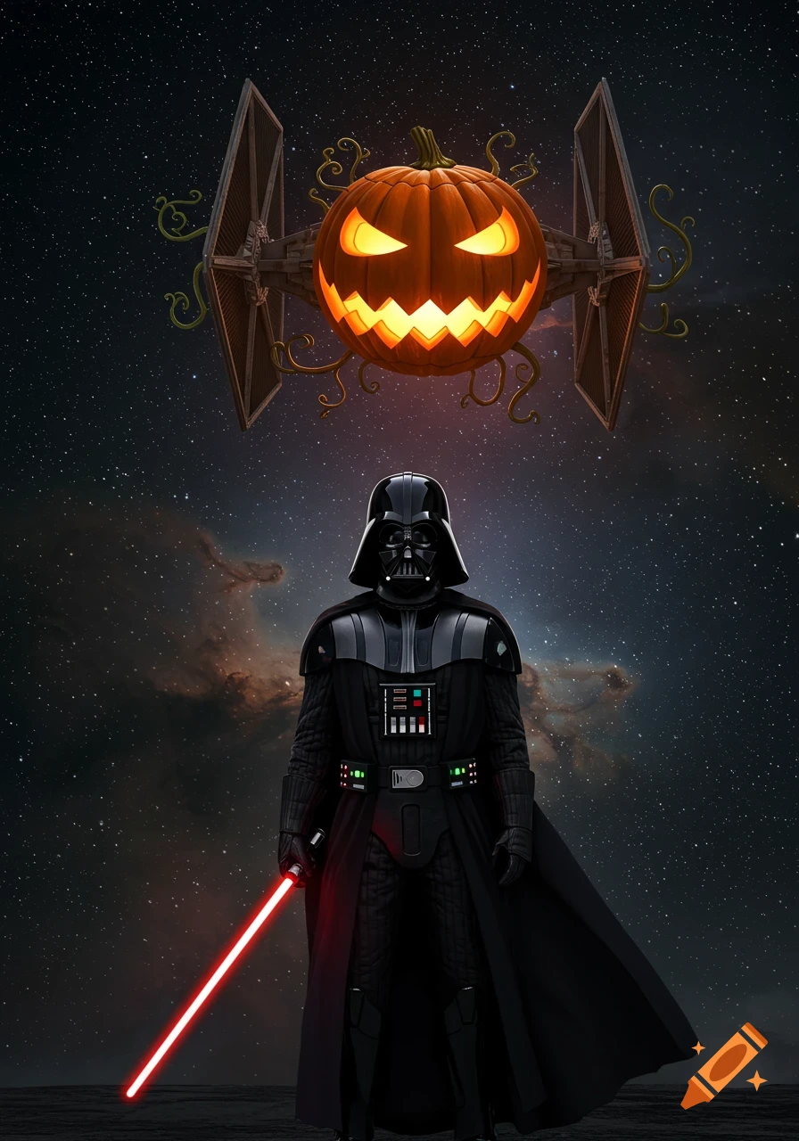 Darth Vader stands with a red lightsaber under a glowing jack-o'-lantern TIE fighter against a starry space background.