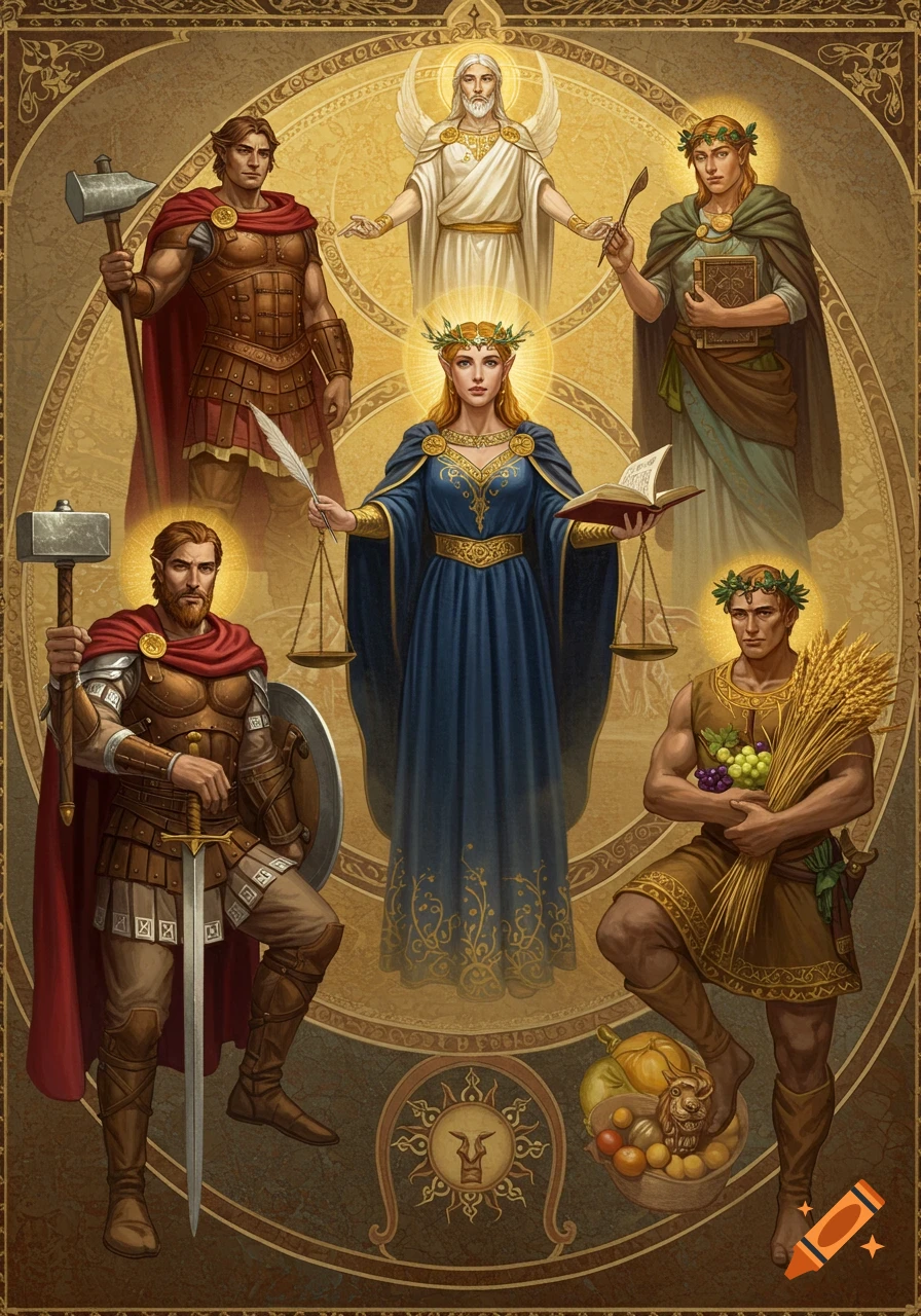 An ornate fresco-style painting with six robed figures in a golden circular composition. A woman with scales and a book stands centrally, flanked by armored warriors, a winged old man, and figures holding agricultural items and a book, all with halos.