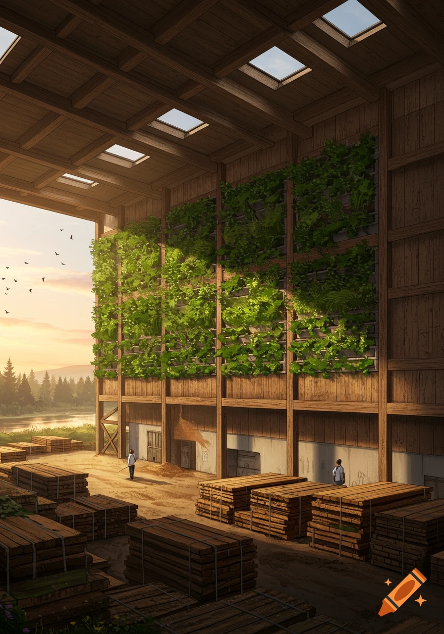 A large wooden building with lush vertical gardens, surrounded by stacks of timber planks, under a warm sunset by a river and forest.