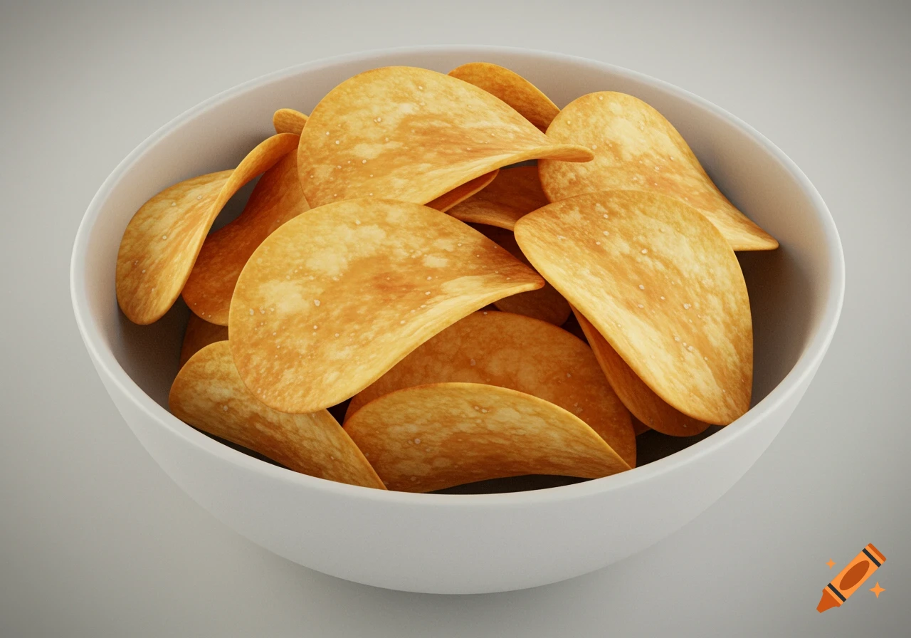 A white bowl filled with golden, crispy potato chips on a plain light grey background.