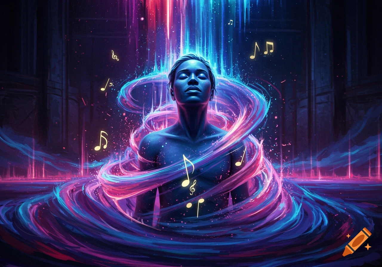 A person with closed eyes meditates, surrounded by swirling blue, pink, and purple energy and glowing musical notes.