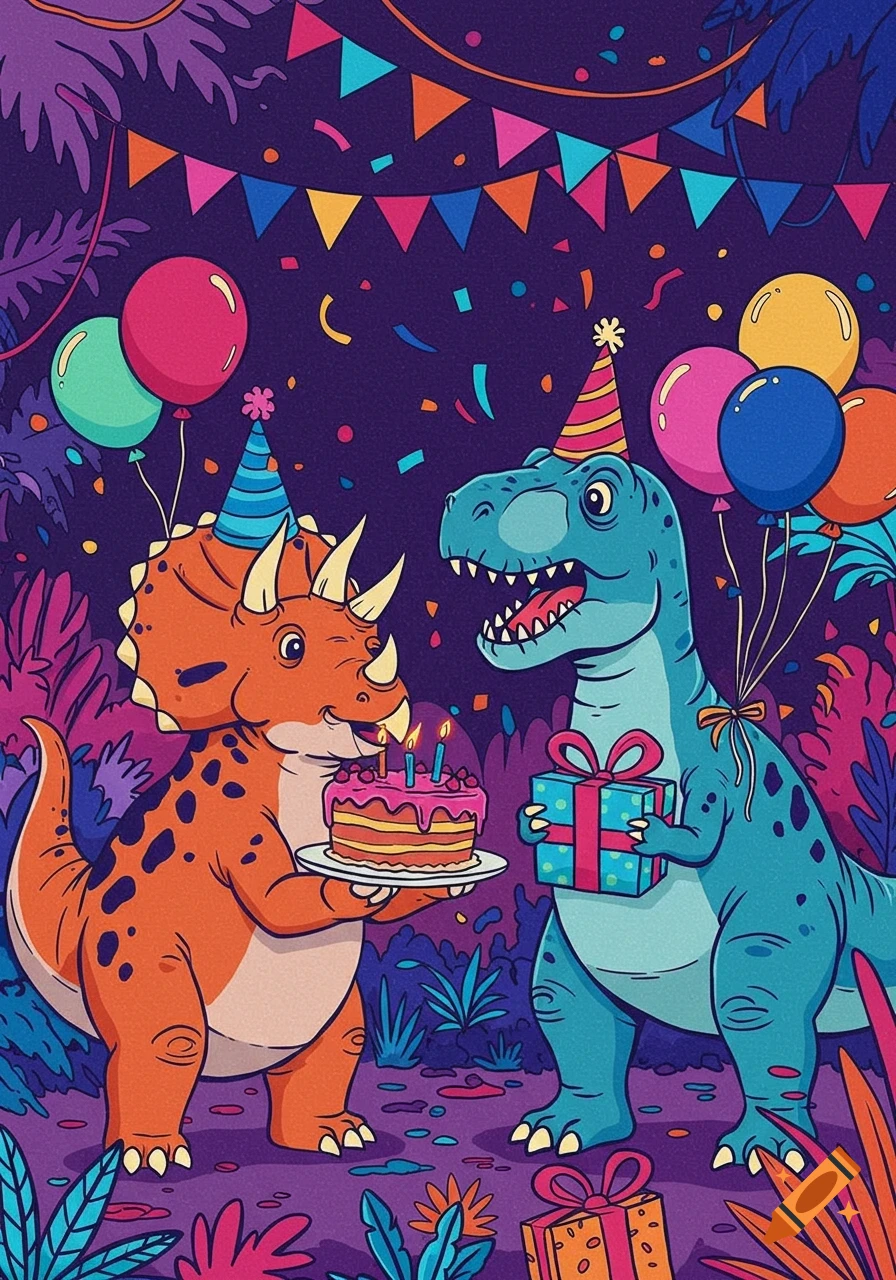 Cartoon illustration of two dinosaurs in party hats celebrating a birthday with cake, presents, balloons, and confetti.