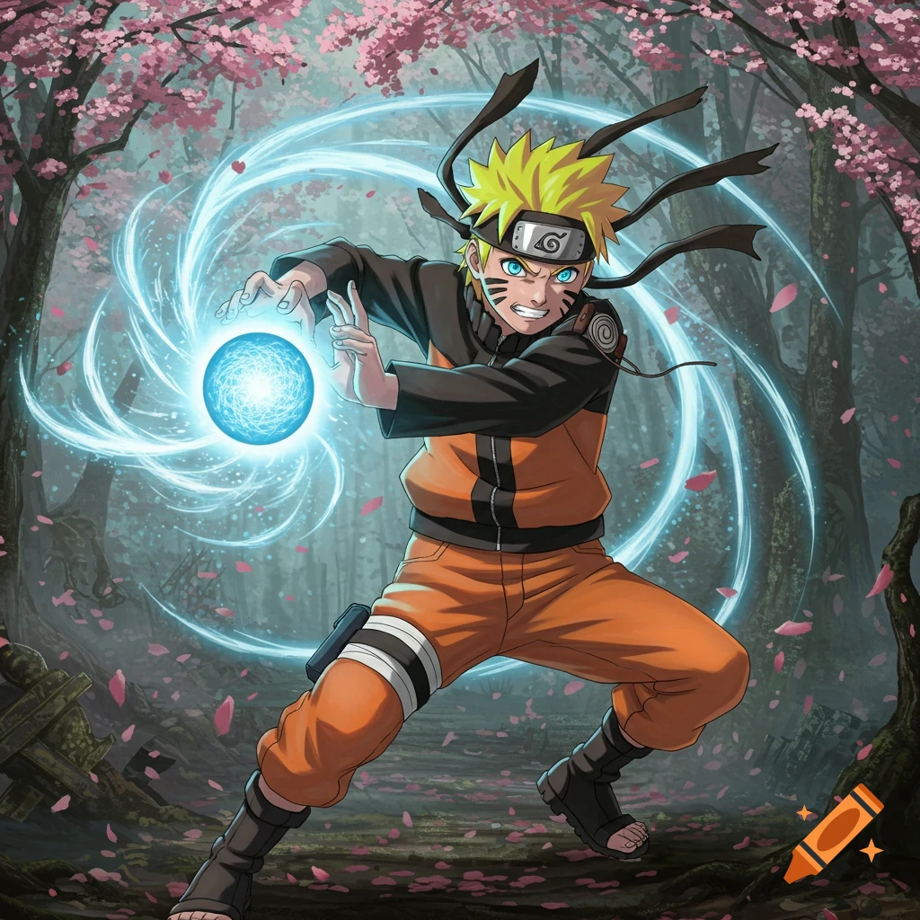 Anime character Naruto Uzumaki creates a blue Rasengan in a cherry blossom forest.