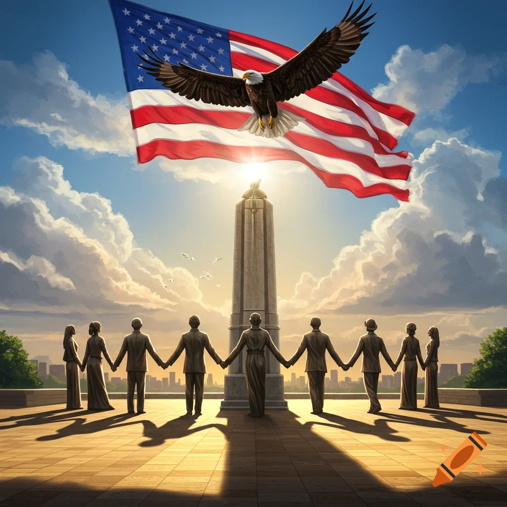 People hold hands around a monument as a bald eagle flies under an American flag at sunrise, symbolizing unity and freedom.