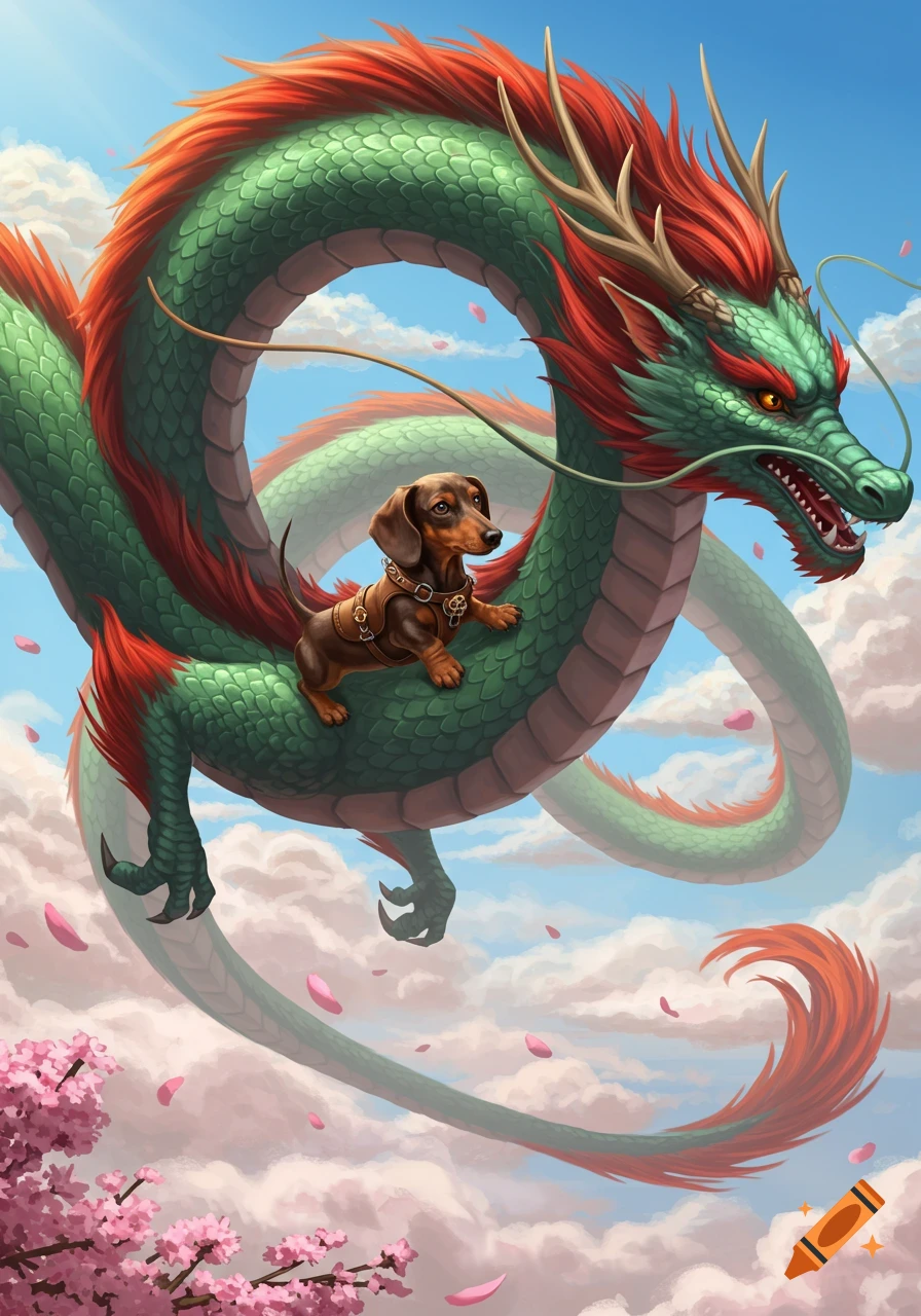 A brown dachshund wearing a harness rides on the back of a large green and red oriental dragon, flying through a blue sky with pink clouds and cherry blossoms.
