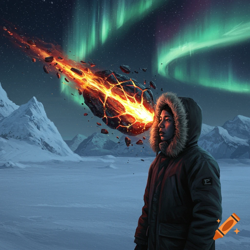 A person in a parka watches a fiery meteoroid break apart over a snowy Arctic landscape with aurora borealis in a digital painting.