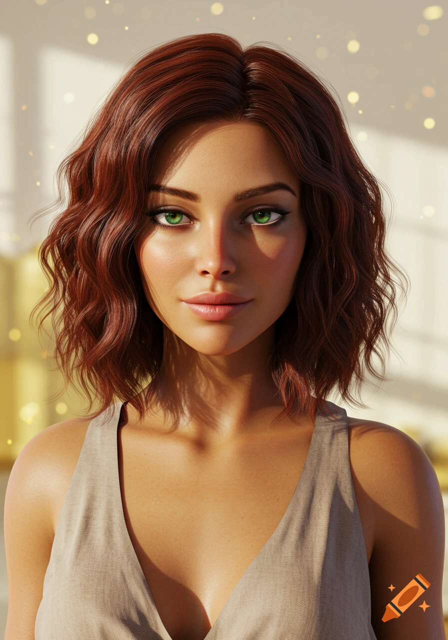 Photorealistic portrait of a woman with red-brown wavy hair and green eyes in soft morning light.