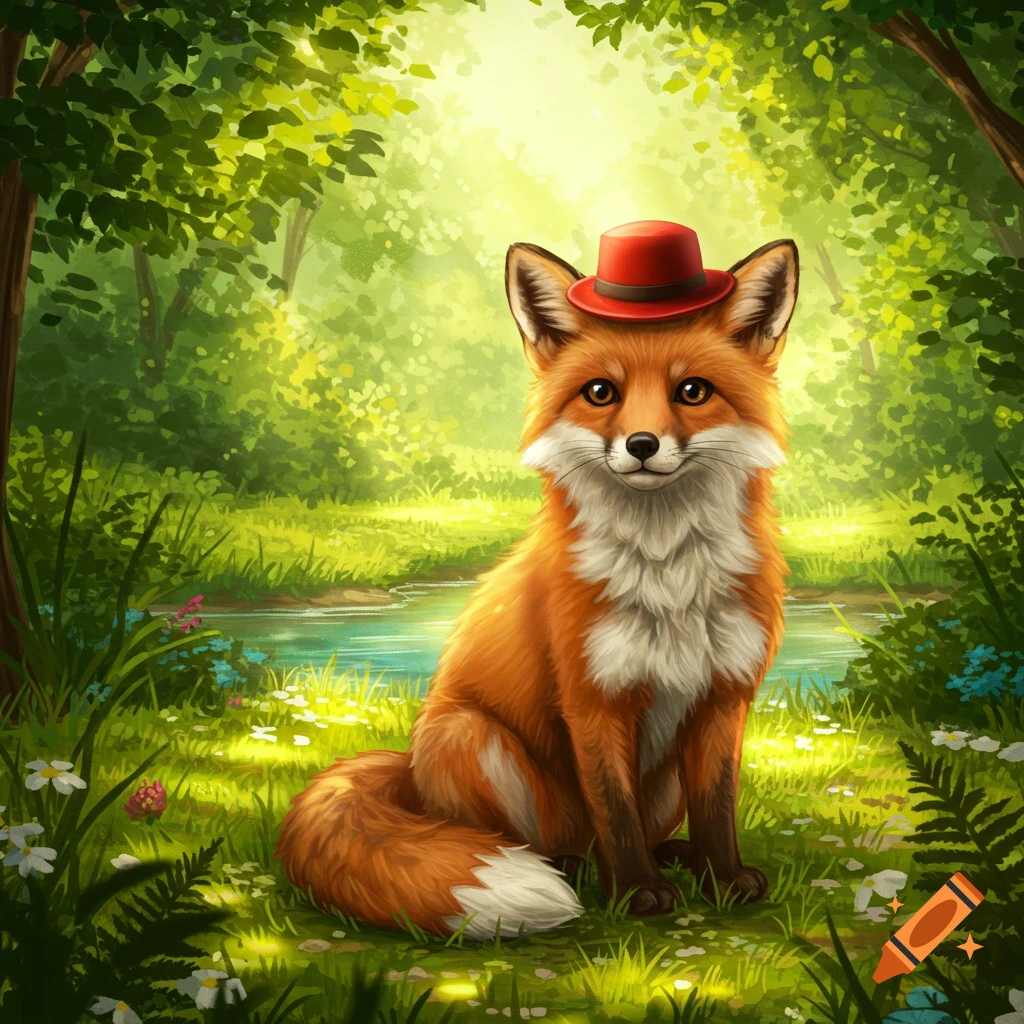 A cute fox with a red hat sits in a vibrant green forest next to a flowing stream, sunlight filtering through the trees, in an illustration style.