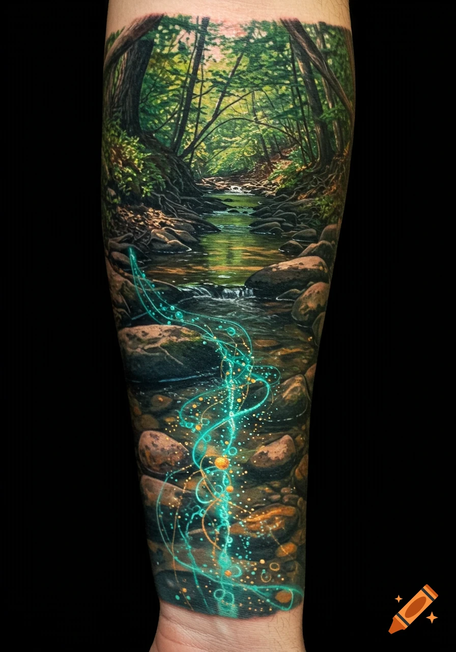 A hyper-realistic forearm tattoo depicts a forest creek with glowing teal and gold bioluminescent particles illuminating the water and rocks.