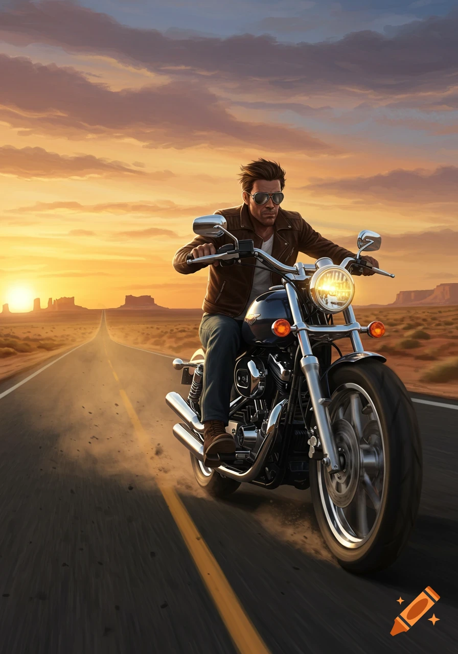 A man in a brown leather jacket and sunglasses rides a motorcycle down a long desert road at sunset.