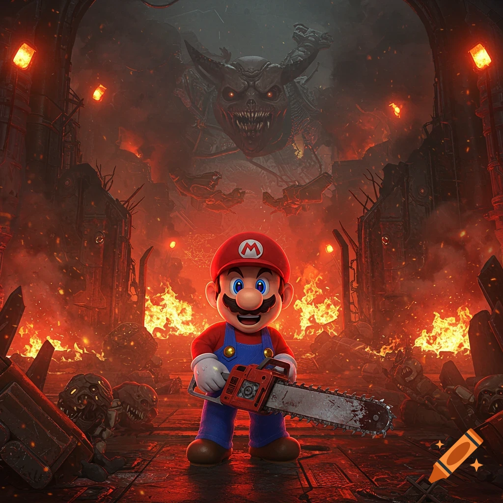 Super Mario with a bloody chainsaw in a fiery hellscape, a horned demon looms in the background. Doom aesthetic.
