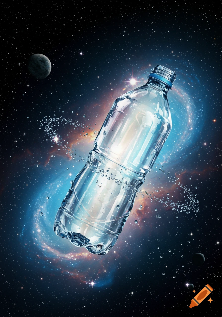 A photorealistic clear plastic water bottle, filled with water and bubbles, floats in deep space against a vibrant blue and orange nebula, with distant planets and stars.