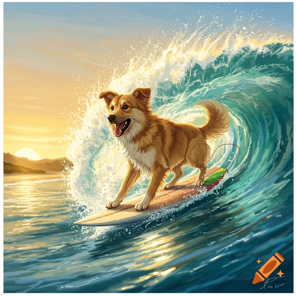 A happy brown and white dog surfs a large blue wave as the sun sets over the ocean in a colorful illustration.