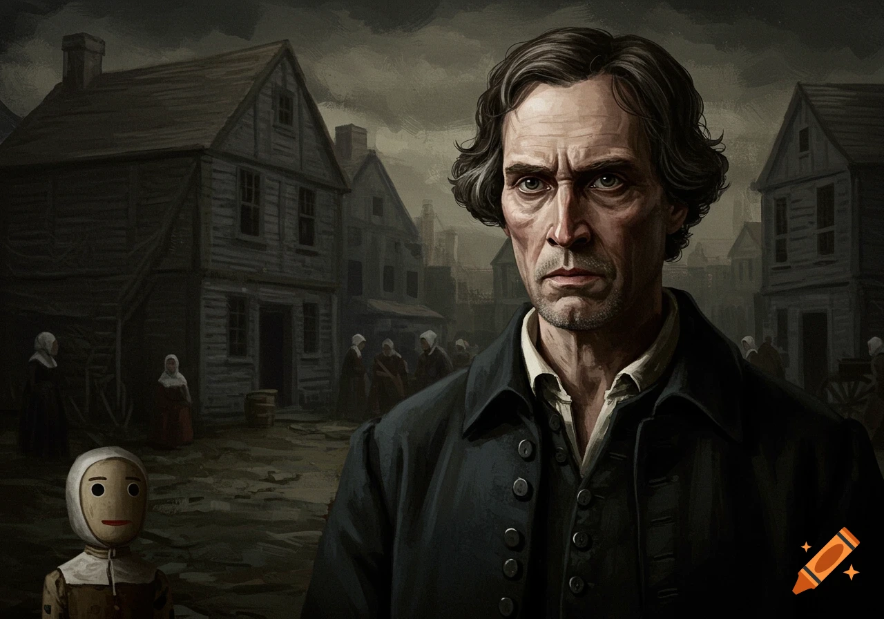 A serious man stands in a dark colonial village, a wooden poppet at his side, in an oil painting style.
