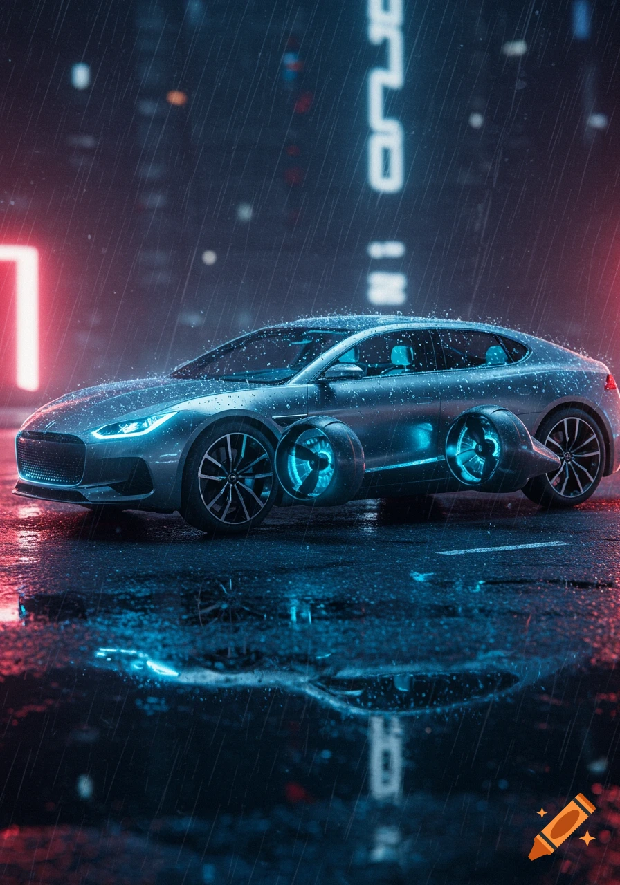 A futuristic silver car with glowing blue propellers on its sides drives on a wet, neon-lit city street in the rain, reflecting in puddles.