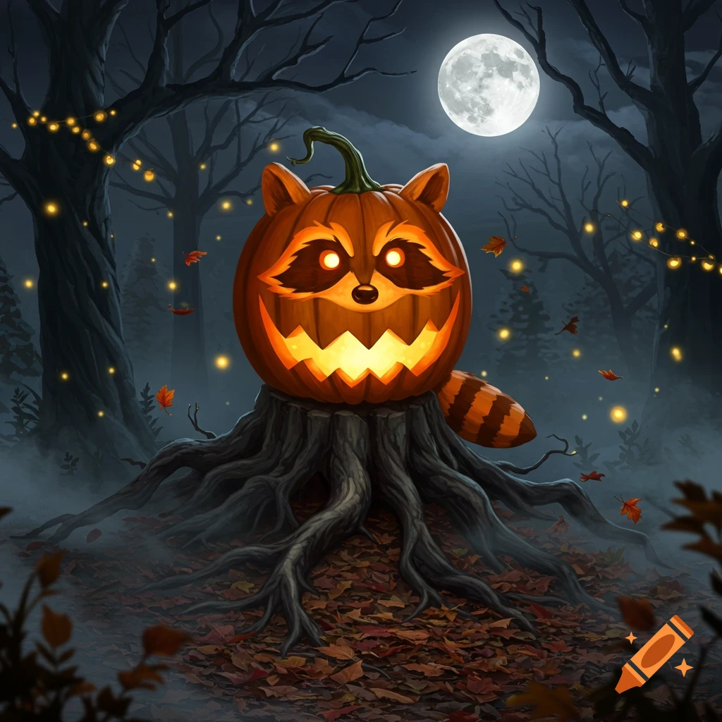 A glowing raccoon-shaped jack-o'-lantern on a tree stump in a spooky forest under a full moon, with string lights and falling leaves.