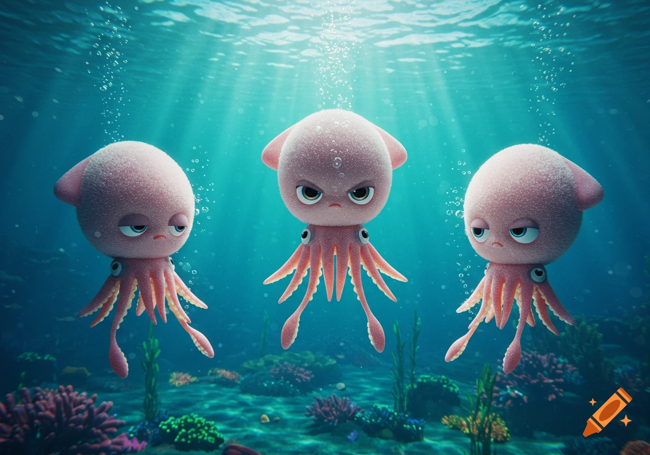 Three cute 3D rendered pink squid-like creatures, one angry and two sad, float underwater with sunlight and coral.