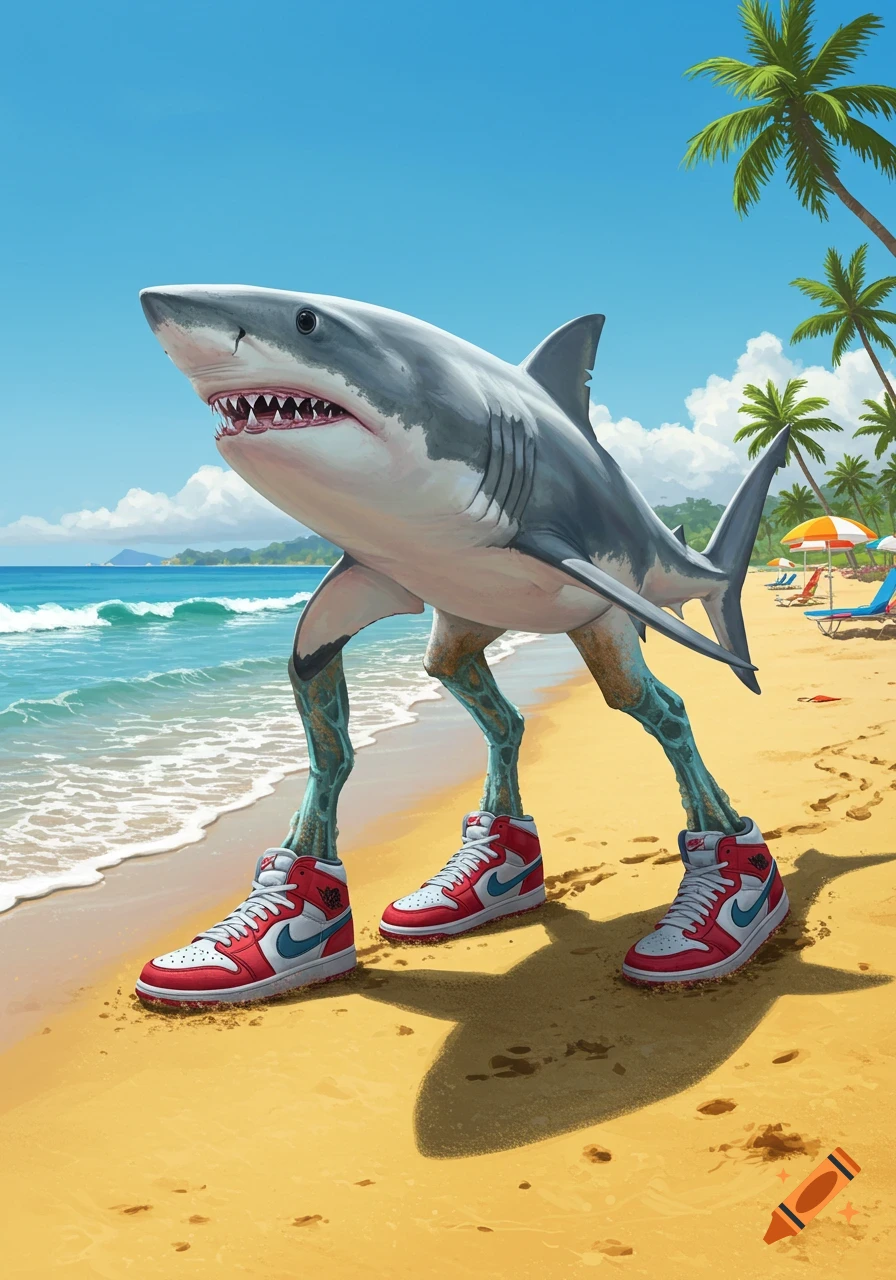 A shark with three scaly legs wearing red and white sneakers walks on a sunny sandy beach next to the ocean.