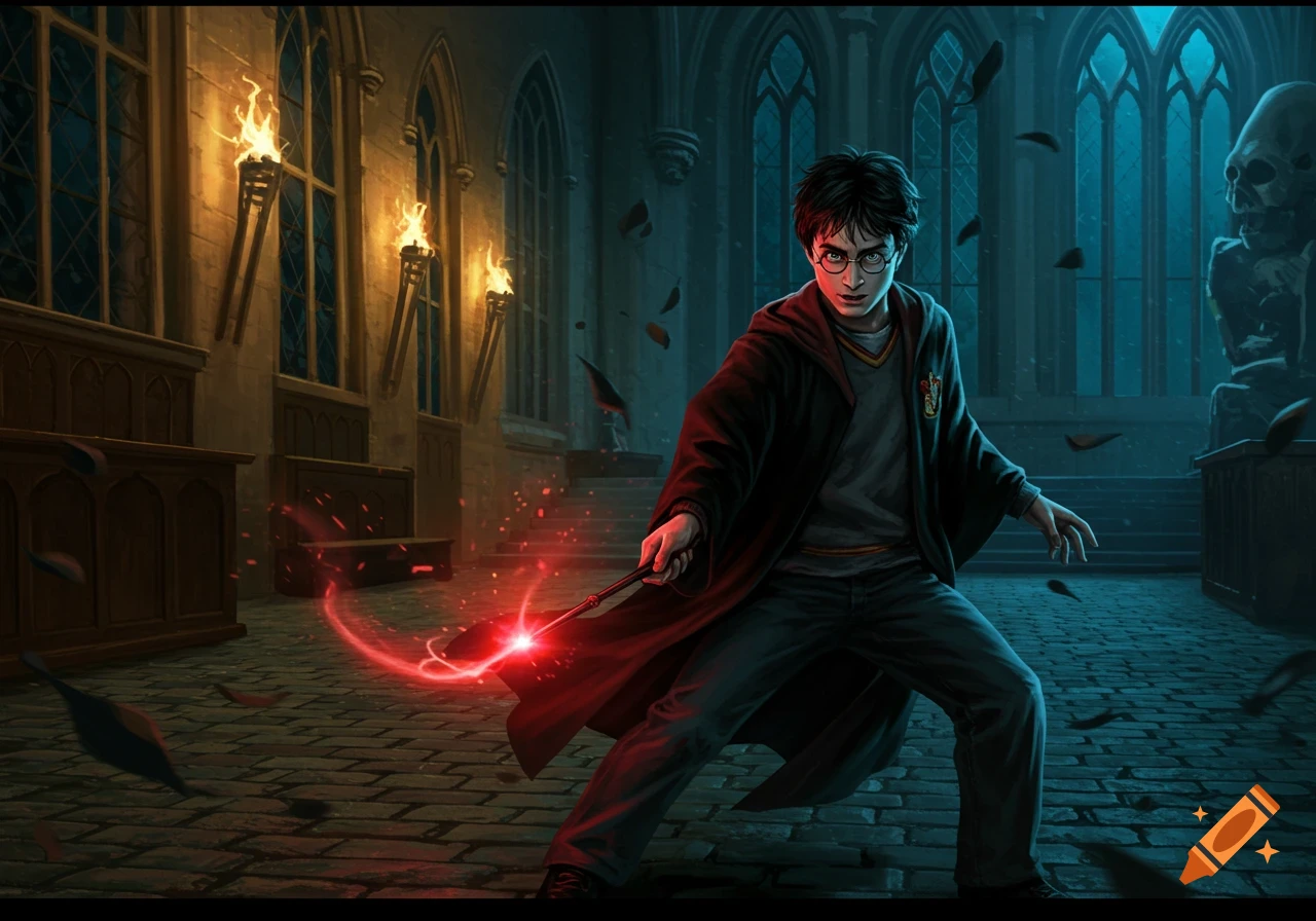 Harry Potter in a dark, gothic hall, casting a red magic spell from his wand, with flying debris and torches on the walls.