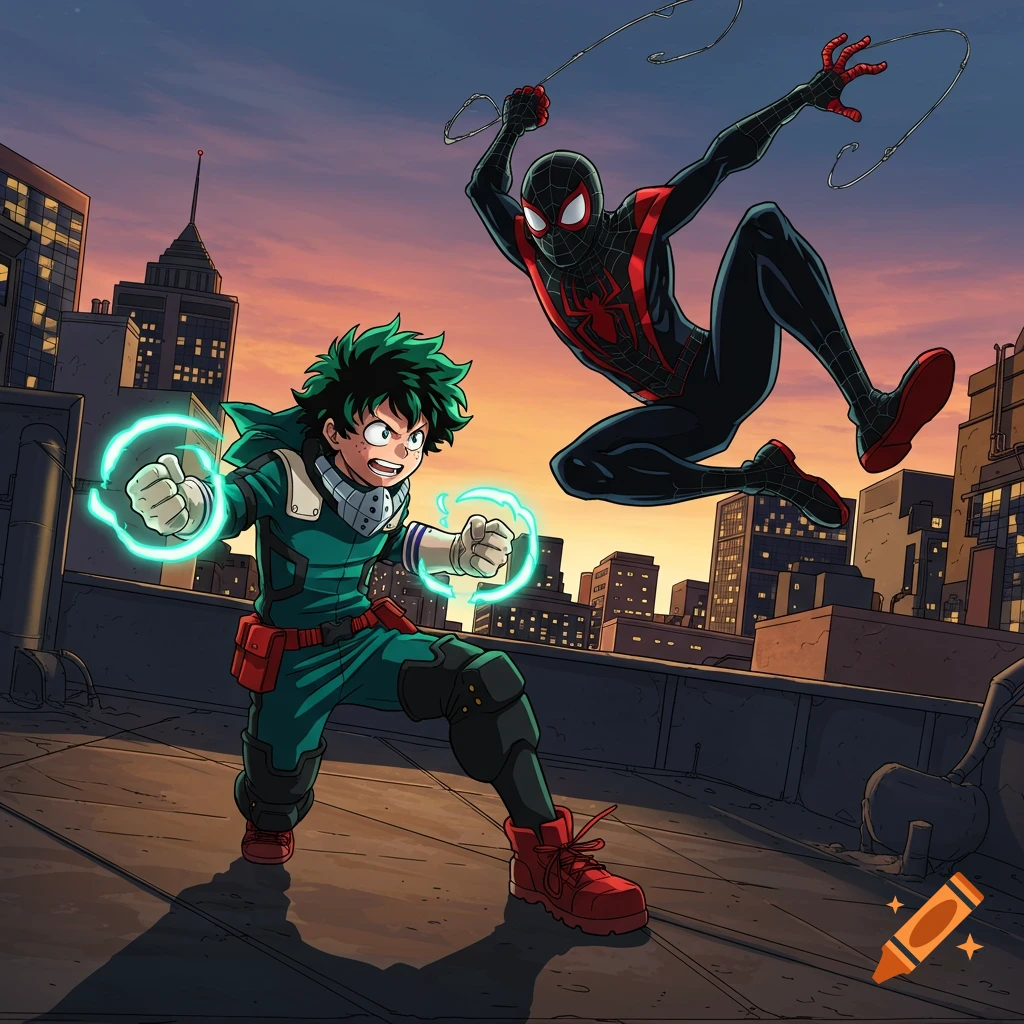 Manga-style illustration of Izuku Midoriya and Miles Morales in action on a city rooftop at sunset.