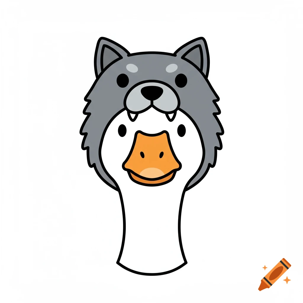 A cartoon-style white goose wearing a gray wolf hood with an orange beak, on a white background.