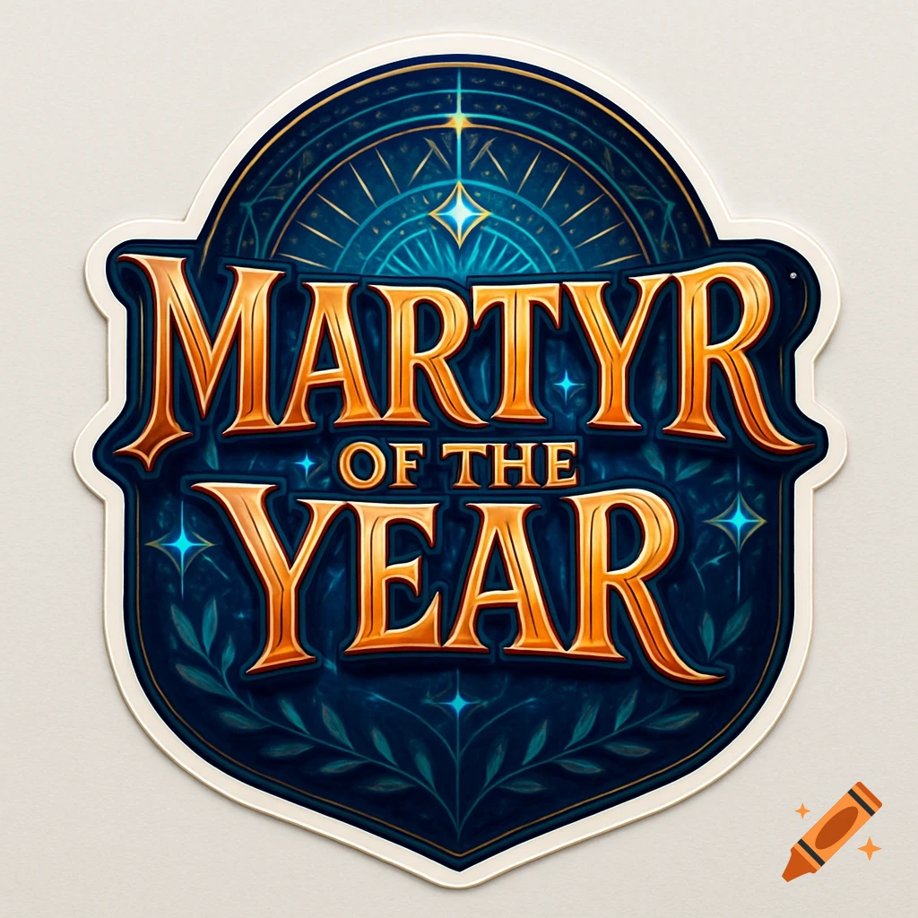 A dark blue and gold stylized badge or sticker that reads "MARTYR OF THE YEAR" with ornate designs.