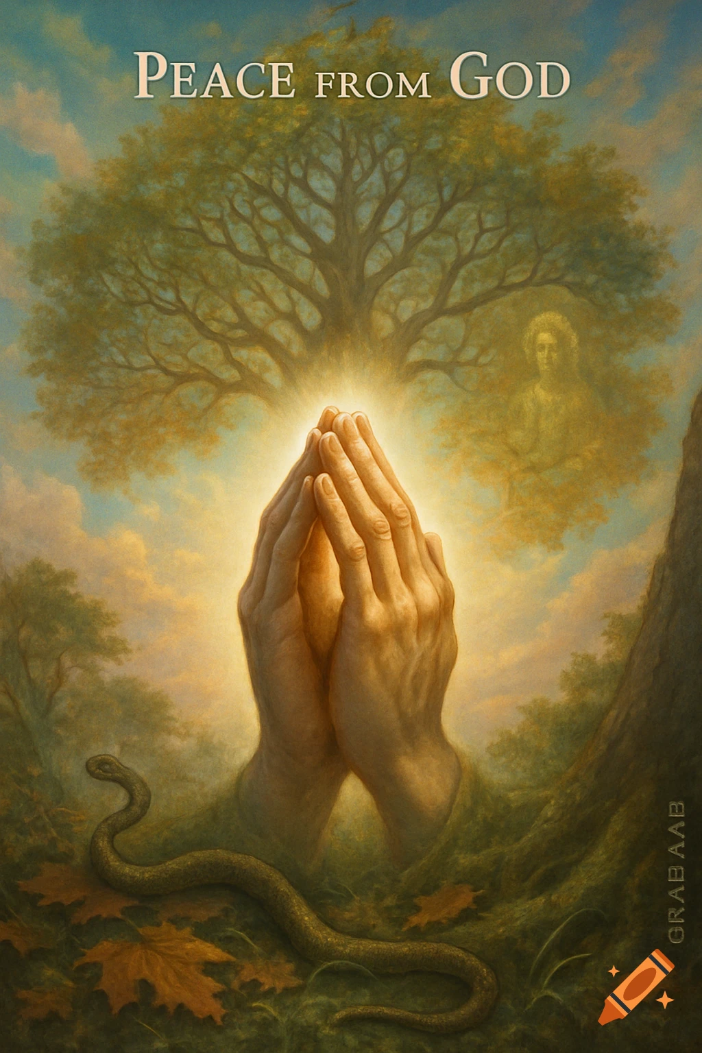 A painting of praying hands glowing under a large tree, with a snake on the ground, and "PEACE FROM GOD" at the top.