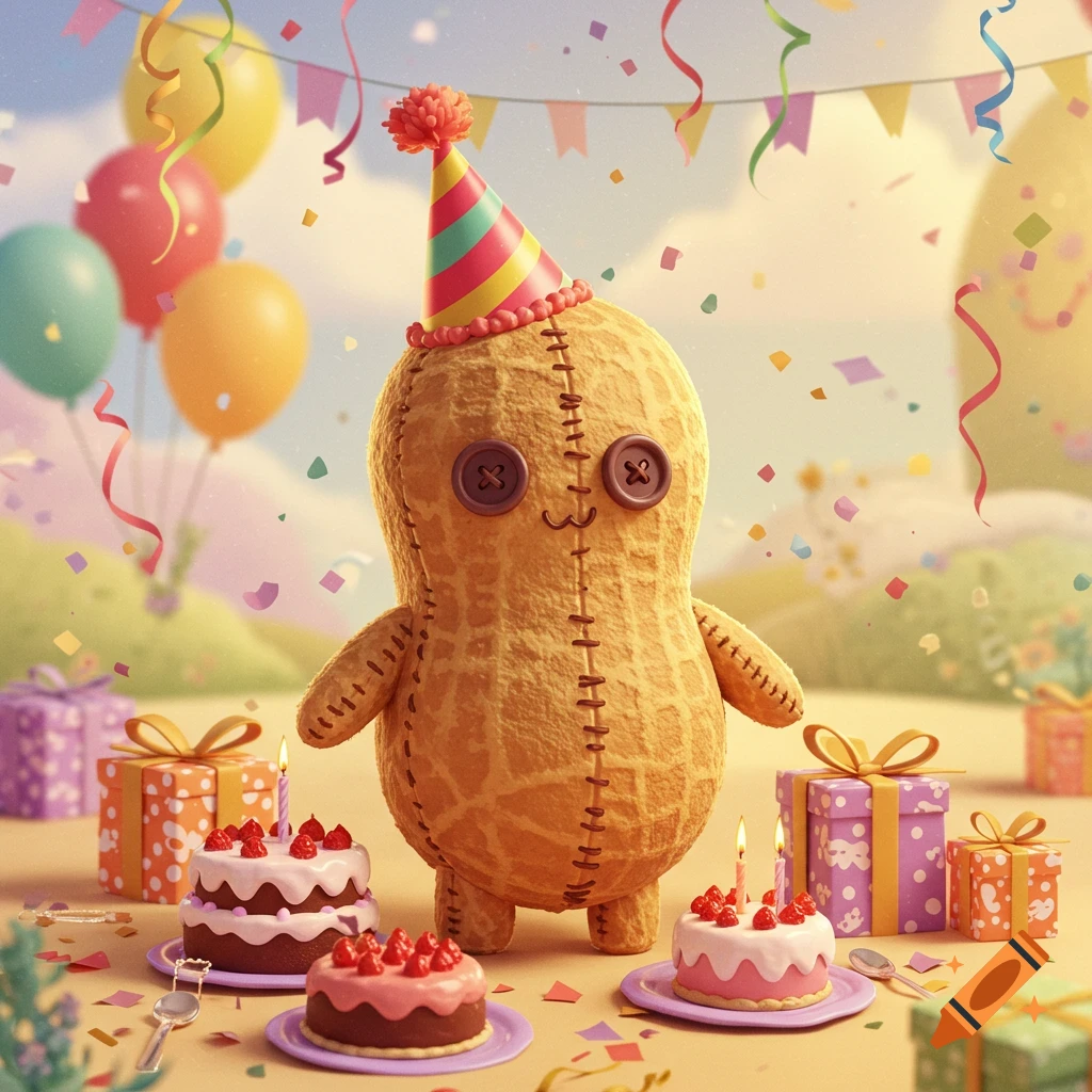 A whimsical plush peanut wearing a party hat, surrounded by birthday cakes, gifts, balloons, and confetti.