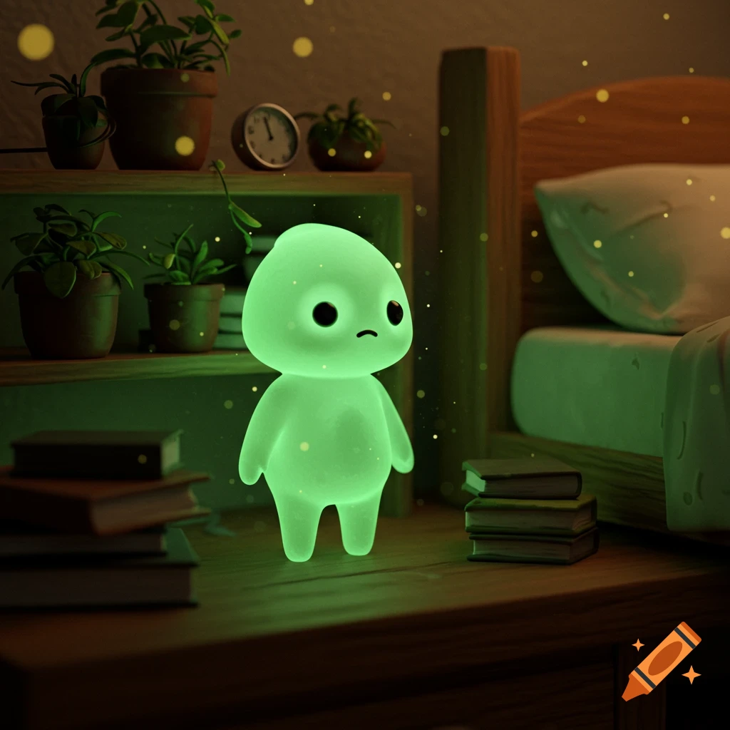 A cute, glowing green Smiski-like figure stands on a bedside table in a dim room with floating golden particles, plants, and books.