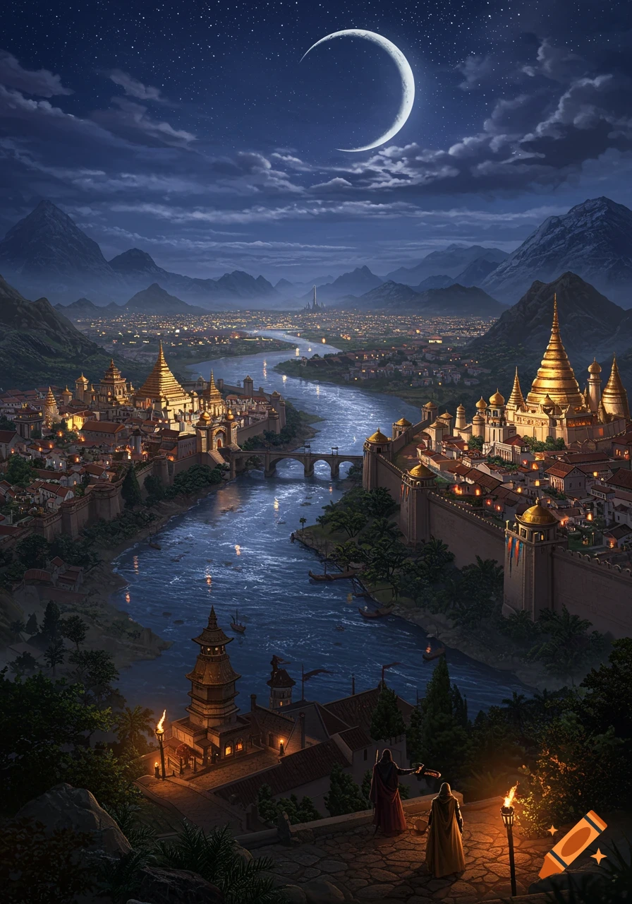 An epic fantasy city with golden-roofed buildings along a river, surrounded by mountains under a crescent moon and starry night sky.