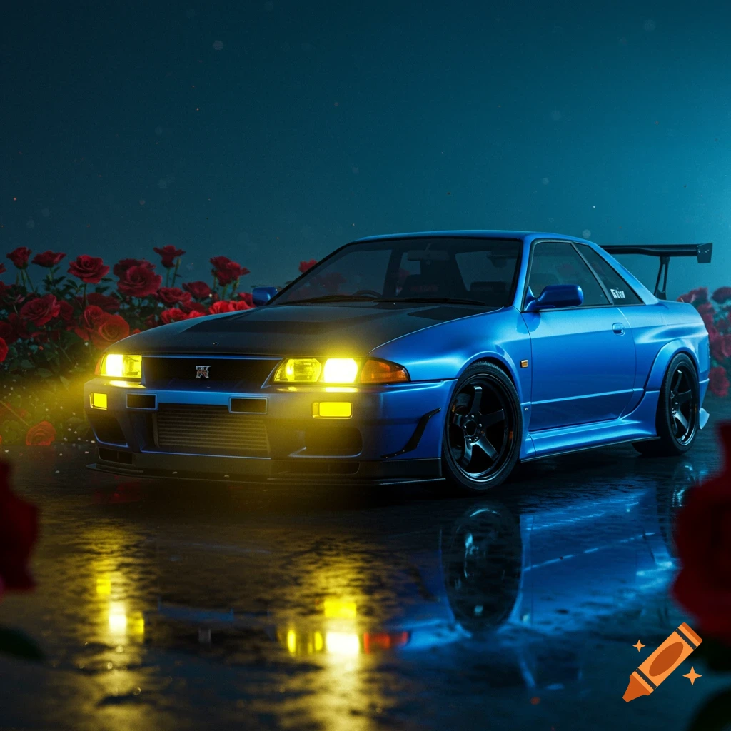 A vibrant blue Nissan Skyline with a black hood and rear spoiler sits on a wet surface with glowing yellow headlights, surrounded by red roses.
