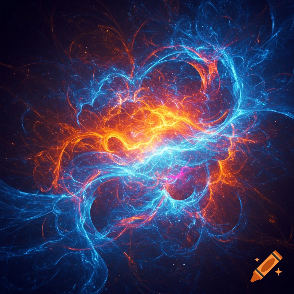 Abstract glowing lines of blue and orange energy swirling on a dark background.